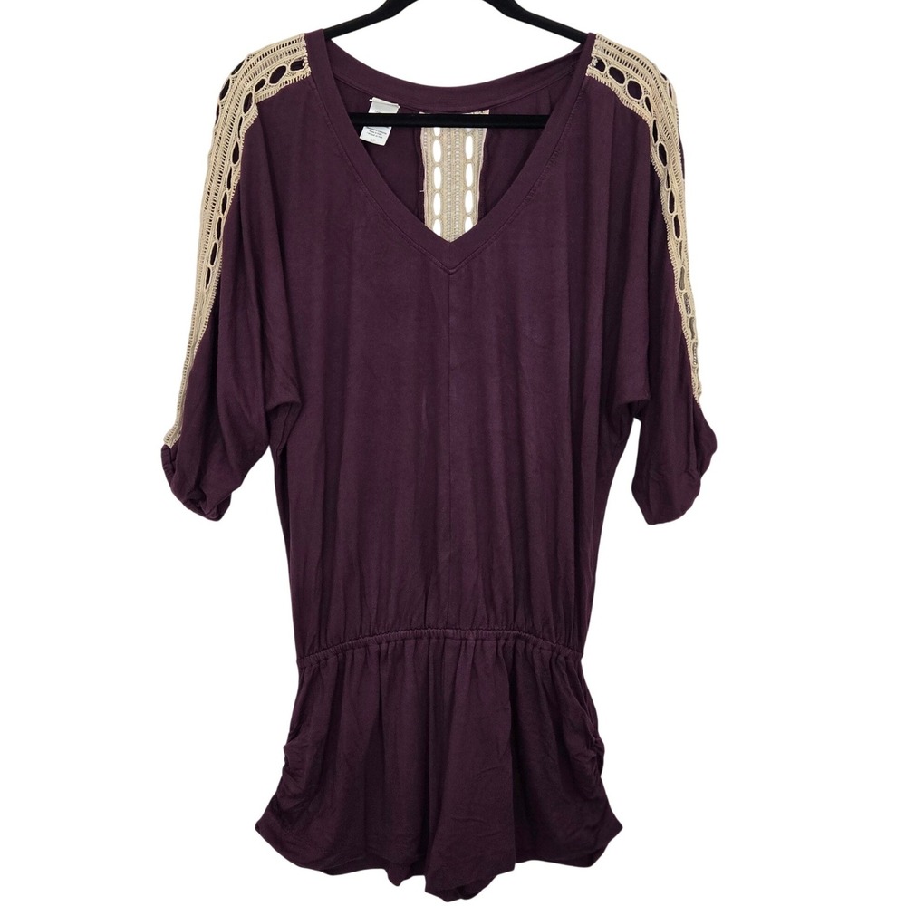LA SPACE Romper Women Small Purple Excellent Crochet Trim V-Neck Modal‎ Blend